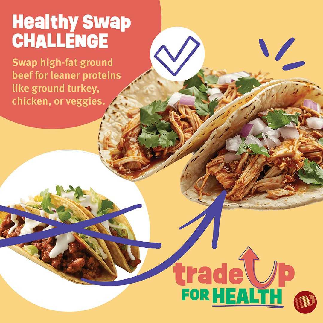 A crossed-out taco, with an arrow pointing to a taco made with chicken